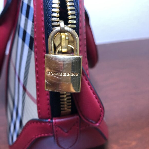 BURBERRY Horseferry Checkered Canvas and Leather Tote Bowling Bag Red/Beige - Picture 8 of 16